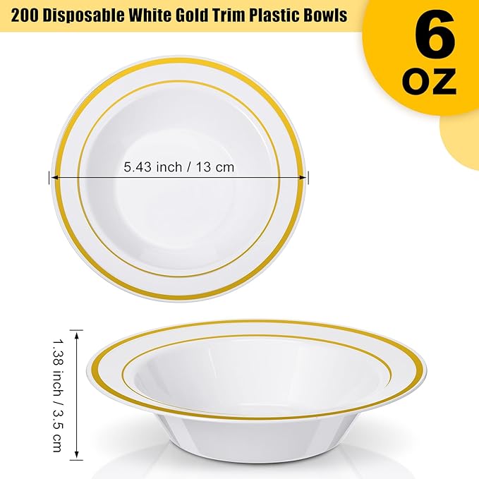 Jinei 200 Pieces 6 oz Plastic Bowls with Rim Small Disposable Soup Bowls for Dessert Salad Soup Candy Wedding Thanksgiving Catering Holidays Party Supplies (White,Gold Rim)