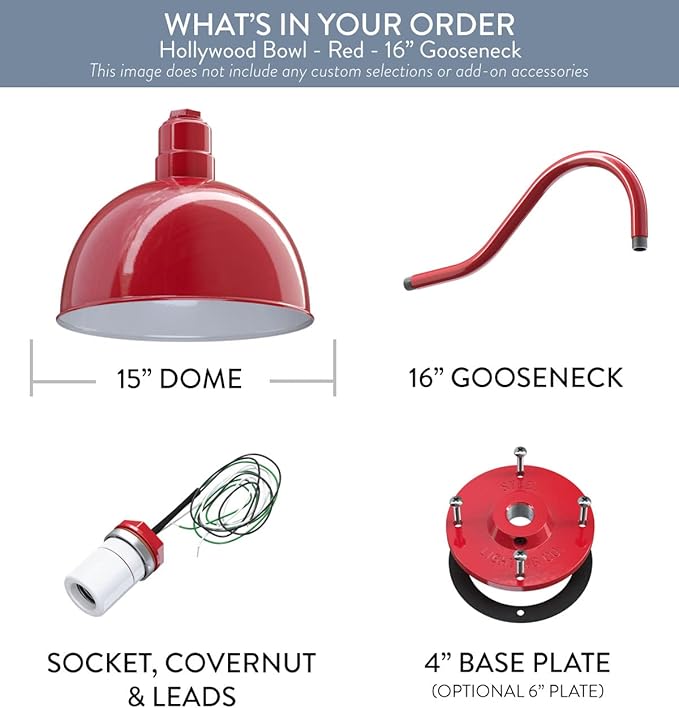 Steel Lighting Co. Hollywood Bowl Light | Outdoor Wall Mounted | 15 inch Bowl Dome | 16 inch Gooseneck | Barn Light Made in America | Red Exterior/White Interior