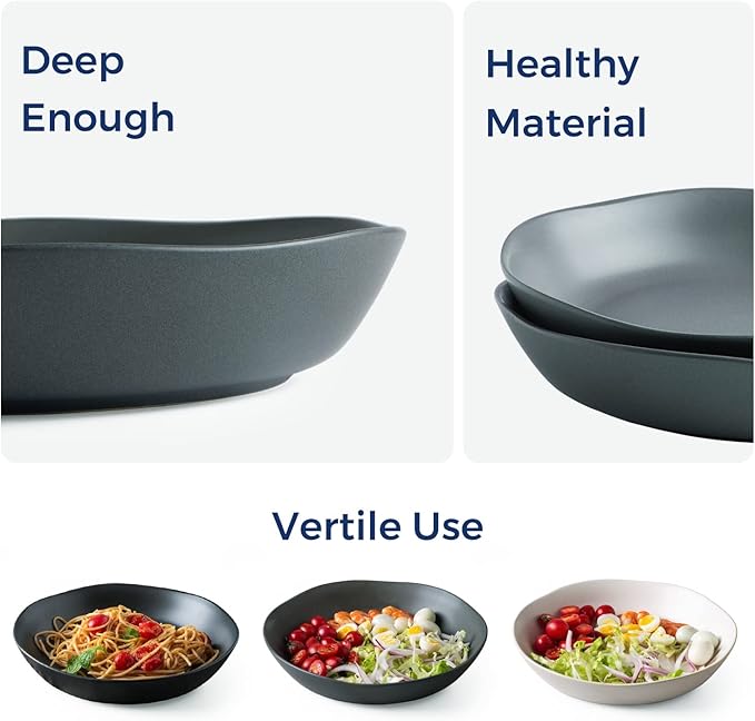 AmorArc 9.75'' Ceramic Large Pasta Bowls, 38oz Stoneware Flat Serving Bowls Set of 4, Oven,Microwave&Dishwasher Safe Bowls with Wavy Rim for Fruit Pasta Salad Meal, Reavtive-Matte