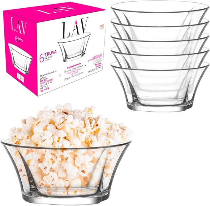 LAV Elegant Glass Dessert, Snack Bowl Set of 6 - Stackable - 10 oz for Parfait, Porridge, Snacks, Side Dishes, Pudding, Fruit Salad, Ice Cream, Small Bowls - Dishwasher Safe, Kitchen Prep, Tableware