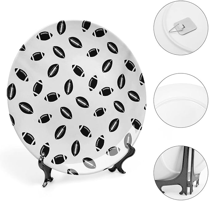 Ceramic Display Plate, American Football Ceramic Hanging Decorative Plate, Monochrome Pattern Black Rugby Balls Sports, 7 Inch, Living Room Kitchen Decoration Household, Black White