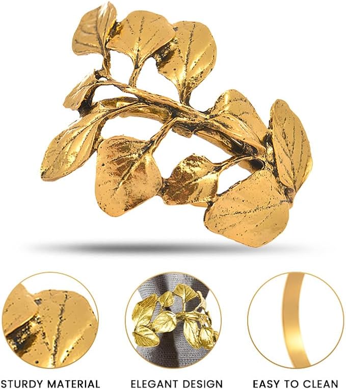 Decozen Set of 16 Gold Napkin Rings in Leaf Design, Festive, Table Decor Setting for Holiday, Wedding, Birthday, Kitchen, Home Decor, Housewarming Gift - Mothers Day Decorations