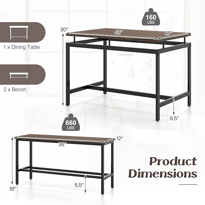 Giantex Kitchen Table Chairs Set of 3 - Dining Table Set for 4 with 2 Benches, Metal Frame, Space-Saving Dinette Table Set for 4, Small Places Breakfast Nook Table Set, Kitchen Table Set, Brown