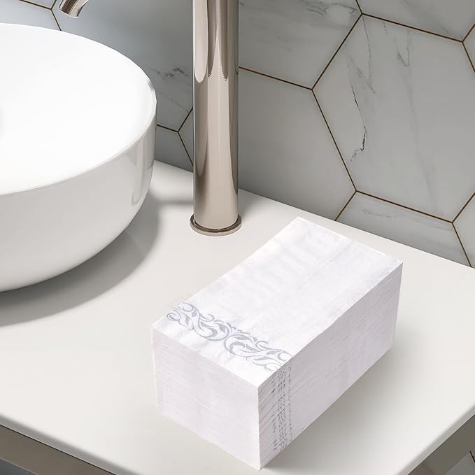 Vplus 400 Pack Paper Napkins Guest Towels Disposable Premium Quality 3-ply Dinner Napkins Disposable Soft, Absorbent, Perfect for Kitchen, Wedding, Parties, Dinners or Events(Silver)