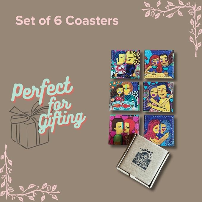 Square Coasters Set of 6, Drink Coaster Made in Chile with Colorful Design and Premium Materials, Beautiful Decor for Your Kitchen (Amor ES Amor)