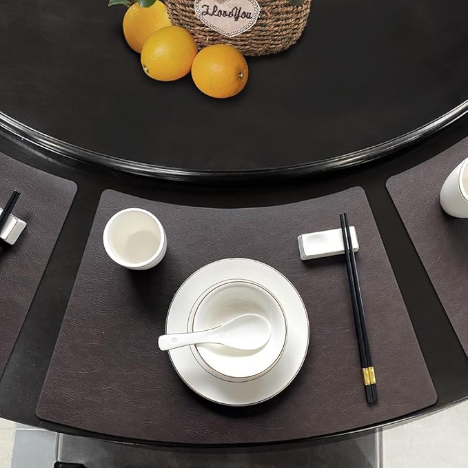 Leather Round Table Washable Placemats, Thick Faux Leather Heat Resistant Wedge Table Placemat, Waterproof Non-Slip Easy to Clean Place mat for Kitchen Coffee Dining Room Table Set of 6