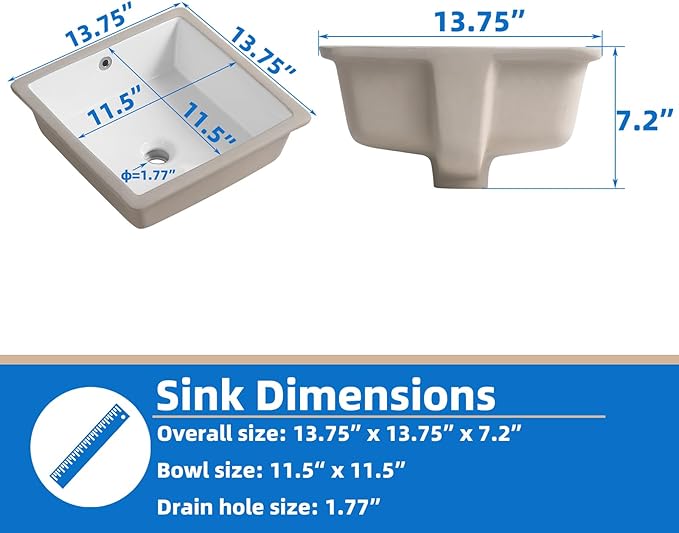 14 Inch Small Square White Undermount Bathroom Sink 13.75" x 13.75" Vanity Under Counter Basin Rectangle Vessel Sink Opening Size 11.5" x 11.5" Lavamanos Para Baños KINGWONG