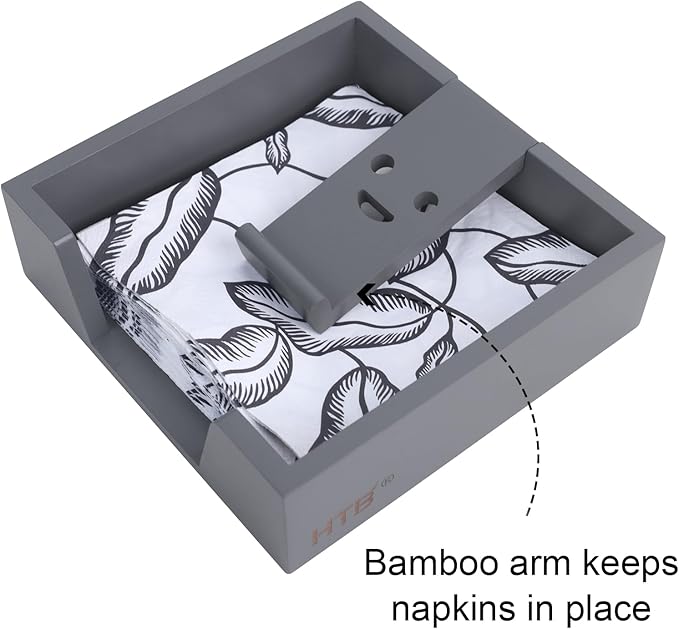 Bamboo Flat Napkin Holder with Weighted Arm Decorative Napkin Tray Dispenser for Table Kitchen Bathroom Dinning (grey)