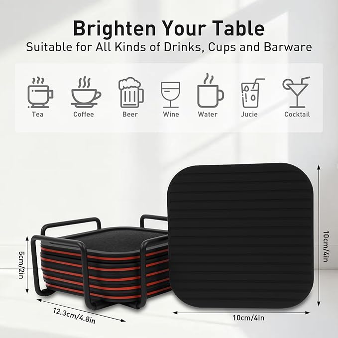 Lexenic Sleek Absorbent Coasters for Drinks with Holder, Silicone Cup Mat with Removable Felt Insert, Non-Slip, Non-Stick, Lovely Gift for Coffee Table Kitchen Decor, 6PCS (Black Red)