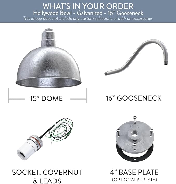 Steel Lighting Co. Hollywood Bowl Light | Outdoor Wall Mounted | 15 inch Bowl Dome | 16 inch Gooseneck | Barn Light Made in America | Galvanized Exterior/Galvanized Interior