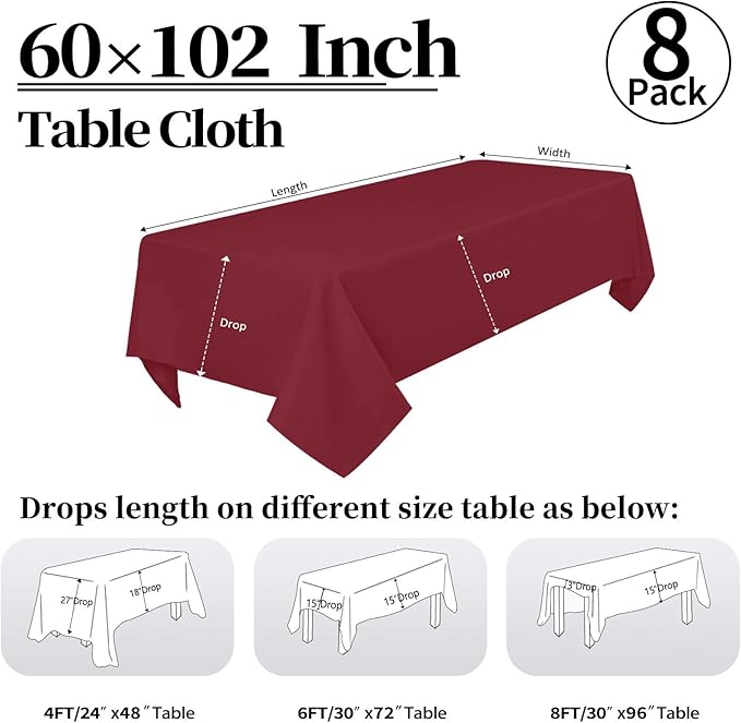 8 Pack Burgundy Tablecloth 60 x 102 Inch Rectangular Valentine’s Day Table Cloth for 6 Foot Rectangle Tables, Wrinkle Resistant Washable Fabric Table Covers for Wedding Party Banquet Buffet