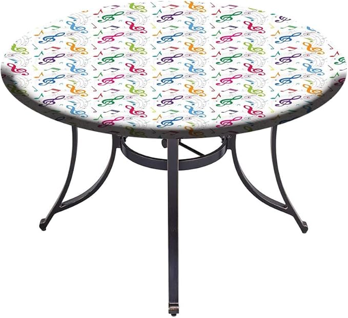 Elastic Tablecloth, Music Decor Decorative Fabric Table Cover for, Notes on Circle Shape Geometric Background Carnival, Fit Round Tables 23inch Diameter, for Restaurant Picnic Indoor and Outdoor Use