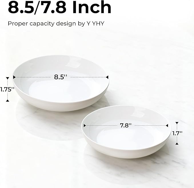 Y YHY 7.8'' Pasta Bowls for Small Portions, 22 Ounce Salad White Bowl Plates Set of 6, Porcelain Dishes for Serving Dinner - Dinnerware Sets Microwave Dishwasher Safe Thanksgiving Day Gift