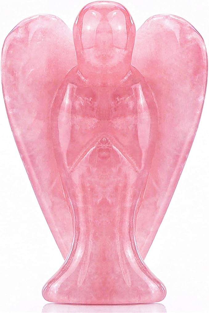 YATOJUZI 2" Rose Quartz Angel Decor Healing Crystals Polished Natural Stone Sculpture Statue Hand Carved Cute Figurines Energy Reiki Pink Home Room Office Desk Decoration Guardian Gifts for Women Men