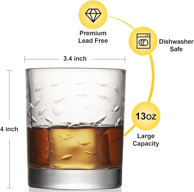 SHOSHIN Premium Hand Cut Whiskey Glasses (13 OZ, Set of 4) - Handmade Double Old Fashioned Scotch Glasses - Gift for Bourbon Lovers - Style Glassware for Rum - Fish Pattern set of 4