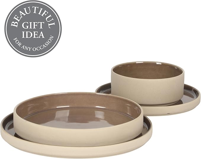 Gibson Elite Liberty Bay 16-Piece Pottery Clay Stoneware Dinnerware Set – Mocha Brown Reactive Glaze, Stackable Plates and Bowls W/Pasta Bowl, Service for 4 – Microwave & Dishwasher Safe