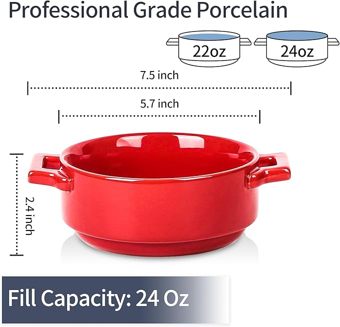 vicrays Ceramic Soup Bowls with Handles, 24 Oz Porcelain Soup Crocks for French Onion Soup, Cereal, Beef Stew, Chill, Pasta, Pot Pies, Microwave and Oven Safe, Set of 4 (Red)
