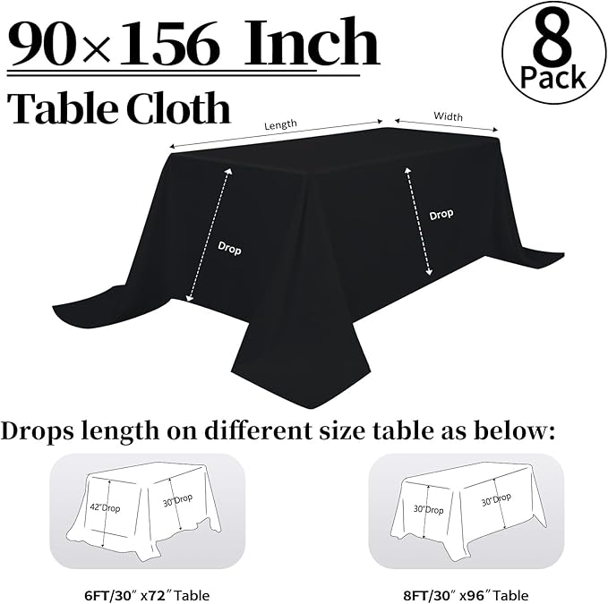 8 Pack Black Tablecloth 90 x 156 Inch Rectangular Table Cloth for 8 Foot Rectangle Tables, Wrinkle Resistant Washable Polyester Fabric Table Covers for Wedding Party Banquet Buffet and Camping