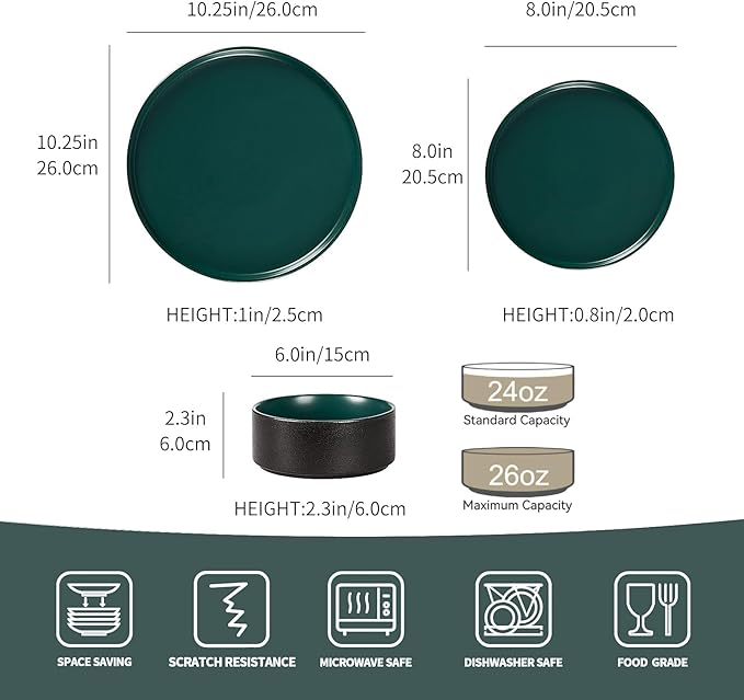 GZG Classic Series - Plates and Bowls Set for 2, 6 Piece Stoneware Dinnerware Sets, Microwave and Dishwasher Safe Lead-Free Handcrafted Ceramic Dishes Set - Malachite Green
