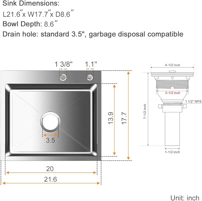 ROVATE 21.6-inch Drop-in Topmount Kitchen Sink, 304 Stainless Steel Kitchen Sink Single Bowl, Handmade Bar Sinks Overmount
