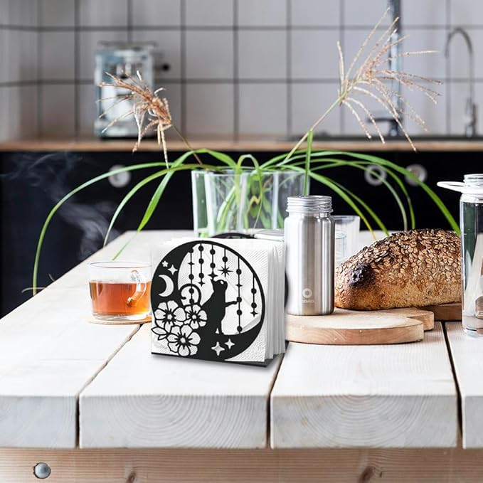Cat Moon Decorative Black Metal Napkin Holder for Table, 4.9" x 4.9" x 2" Kitty Flower Standing Napkin Holder for Home Kitchen Restaurant Picnic Party Coffee Bar Dining Room