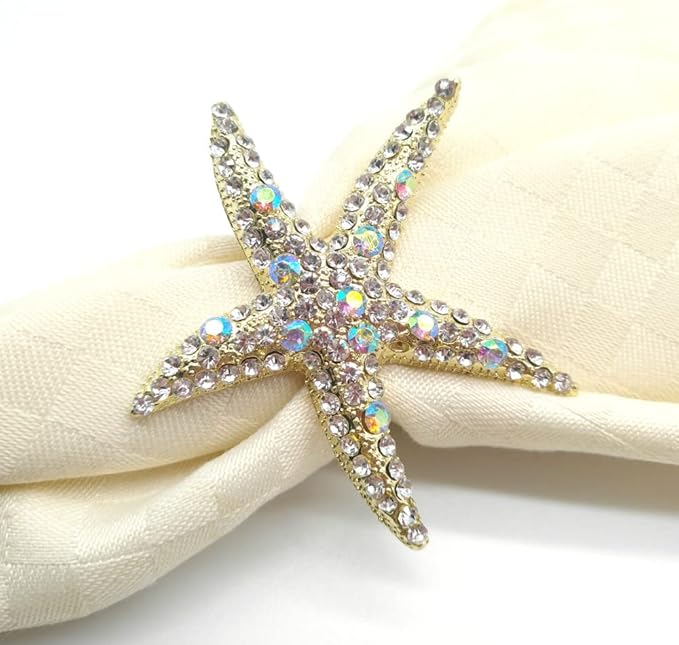 Crystal Starfish Napkin Rings - Rhinestone Coastal Nautical Napkin Ring Holders for Wedding Party, Beach/OceanTheme Dining Table Decoration Accessories (6)