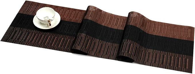 SHACOS Table Runners Woven Vinyl Table Mats 12x54 inch for Kitchen Dining Table Non Slip Washable, Ombre Coffee Black