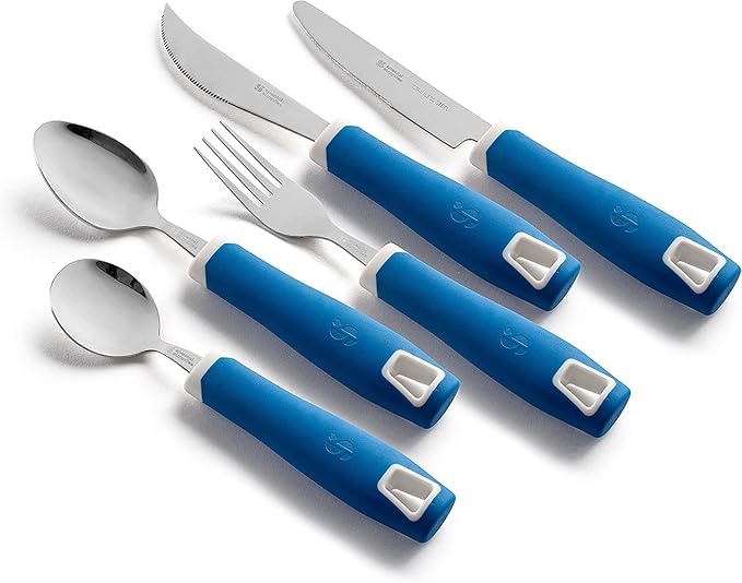 Special Supplies Adaptive Utensils 5-Piece Set Non-Weighted, Non-Slip Handles for Hand Tremors, Arthritis, Parkinson’s or Elderly Use - Stainless Steel Knife, Rocker Knife, Fork, Spoons - Blue