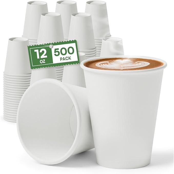 12 oz Coffee Cups Disposable White Paper Cups, 500 Pack BPA Free Leak Proof Hot Cups, 300GSM Thickened Disposable Cups,Unbleached Hot Cold Drink Cups for Everyday Home Office Coffee Bar Party Supplies