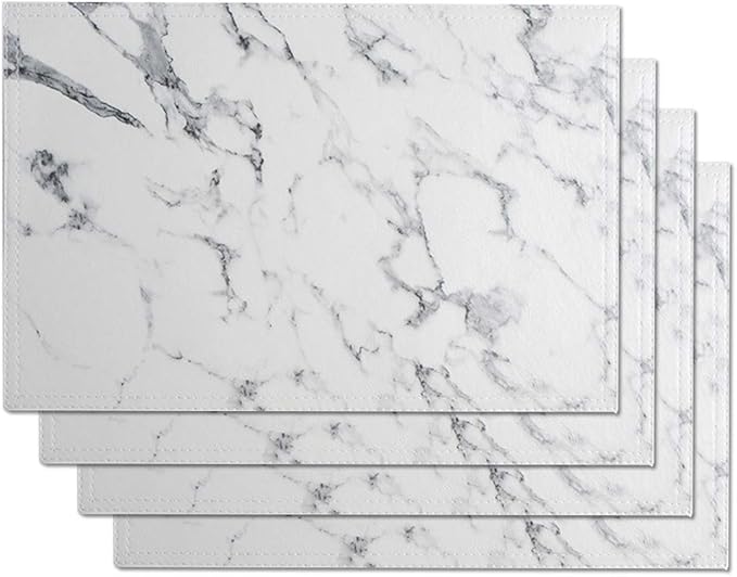 Marble Leather Placemats for Dining Table Waterproof Set of 4 Marble Decor for Kitchen Table Easy to Clean PU Place Mats for Dinning,Office (Marble（White）)