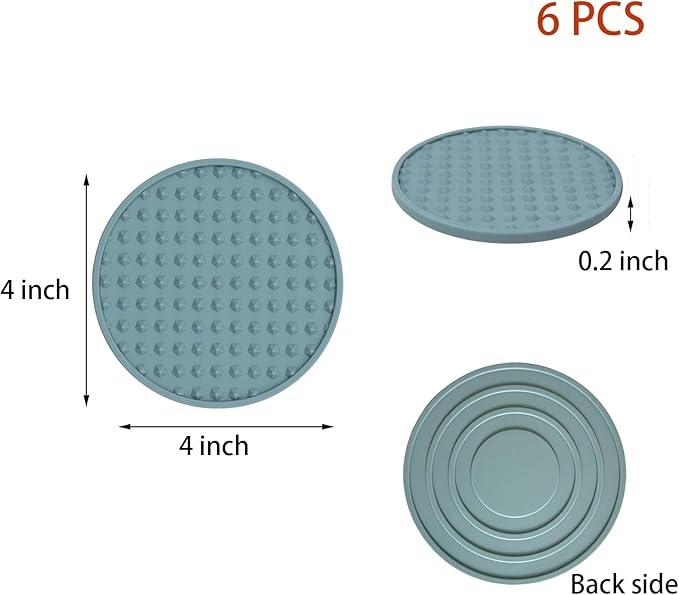Set of 6 Silicone Coasters, 4'' Drink Coaster with Holder, Round Coasters for Drinks Beer Coffee Home Office Bar Desk Tabletop Protection, Non-Slip Rubber Coaster (Blue, 6 Pcs-Plastic Holder)