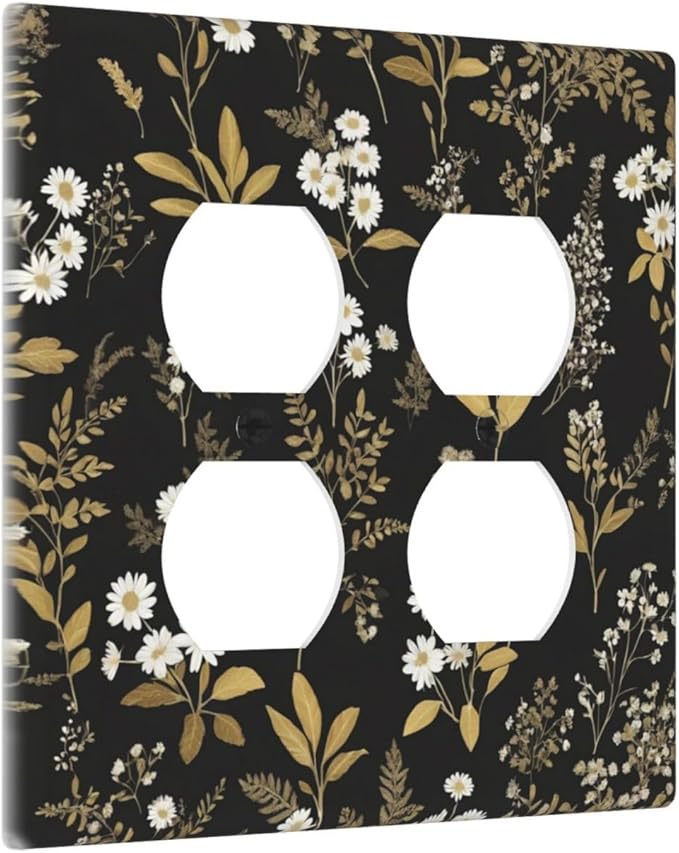 Light Switch Cover Black/Gold Boho Botanical Floral Rustic Flowers 2 Gang Decorative SwitchPlates Double Duplex Wall Plates Switch Plates and Outlet Covers for Bathroom Kitchen Decor