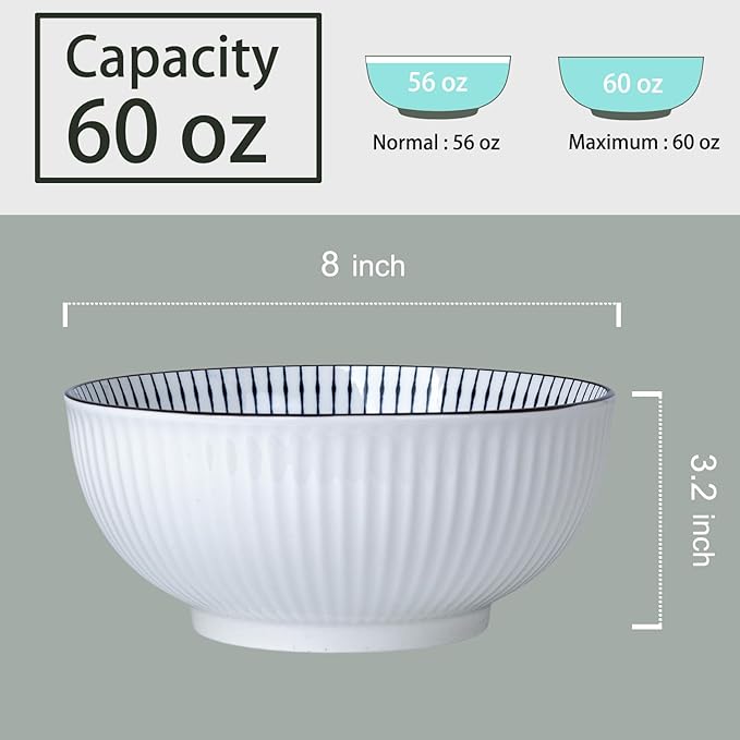 60 oz Large Soup Bowls, Pho Bowls, 8 Inch Blue and White Ceramic Japanese Ramen Bowls Set of 3 - Striped Pattern