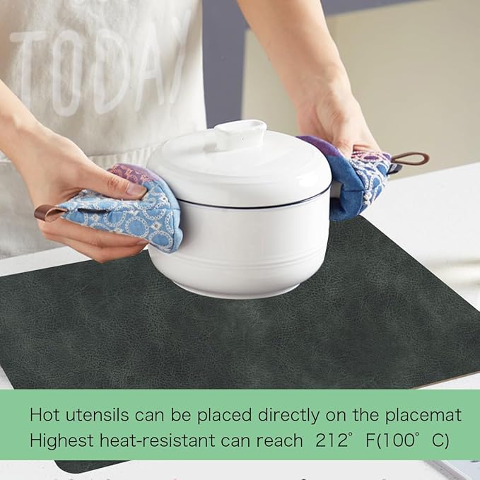 Faux Leather Dining Placemats with Rounded Corners-Set of 4,Washable&Wipeable Place Mats,Waterproof&Stain Resistant Table Mats,Heat-Resistant,Non-Slip for Kitchen(Black-Grey)