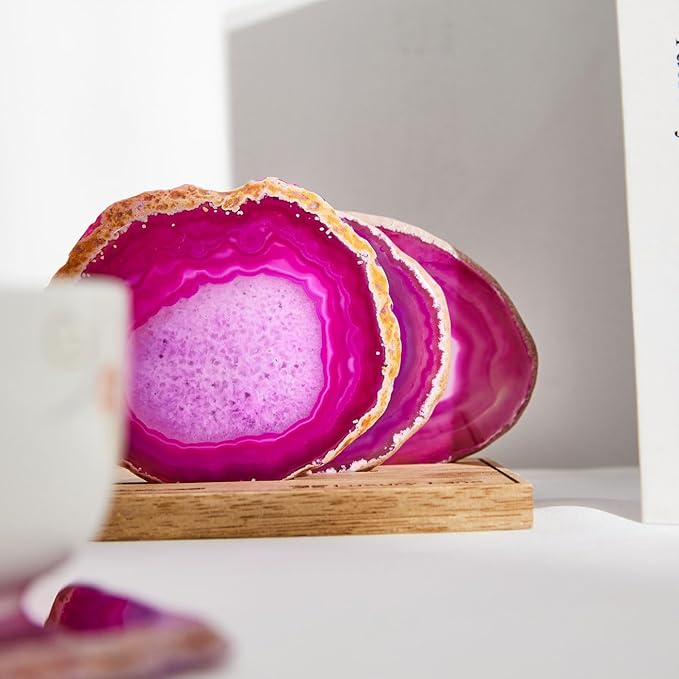 Luxury Lane Set of 4 Large Natural Brazilian Agate Slice Geode Rock Stone Drink Coasters with Wood Holder 4.3-4.7 inch Centerpiece Table Decoration, Rose Pink