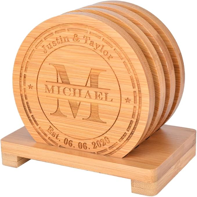 Personalized Coasters, Custom Engraved Coasters, Bamboo Coasters for Drinks, Monogram Coasters with Holder, Great Gifts for Relatives, Friends or Yourself (M, Set of 4)