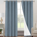 PrinceDeco 100% Blackout Linen Textured Curtains for Bedroom Linen Blackout Curtains 90 Inches Length 2 Panels Set Noice Reducing Soundproof Window Treatment Drapes with White Liner,Stone Blue