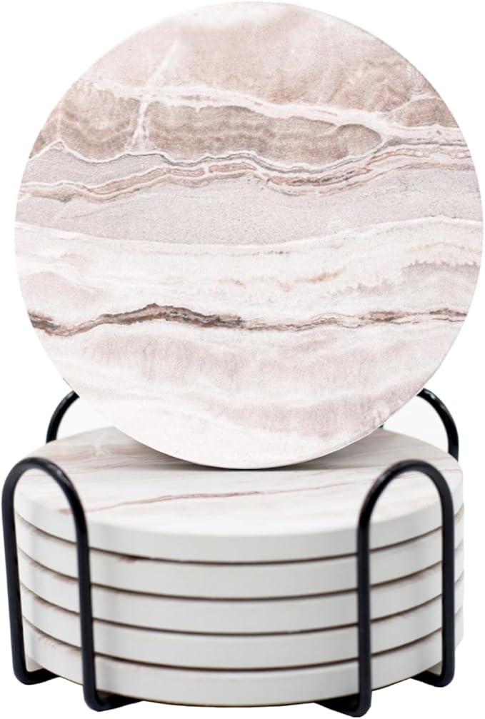 6Pcs Drink Coasters with Holder, Round Marble Style Ceramic Drink Coaster, Absorbent Coaster Set for Home Decor Tabletop Protection, Suitable for Kinds of Cups, Housewarming Gift, 4 Inches