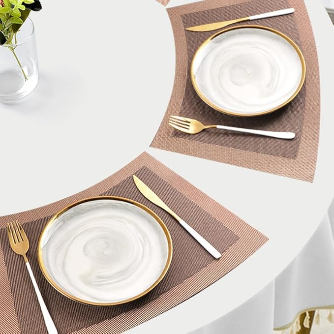 Shape Placemats for Round Dinner Table Woven Vinyl Wipe Clean Non Slip Plastic Table Mats Set of 6（Brown）