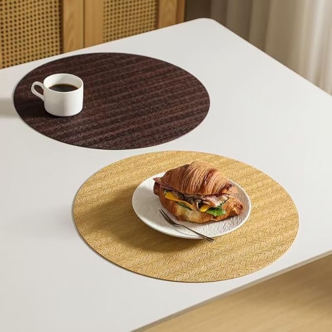 PIGCHCY Round 15" Water-Resistant Placemats Set of 6, Premium Faux Leather Placemats PVC Easy Clean Table Mats for Hotels Outdoor Dining, Wedding Decor (Cream)