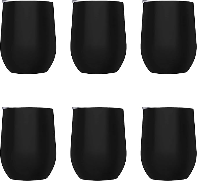 DISCOUNT PROMOS Stemless Wine Glass Tumblers with Lids by Largo 11 oz. Set of 6, Bulk Pack - Perfect for Wine, Cocktails, Other Hot & Cold Beverages - Black