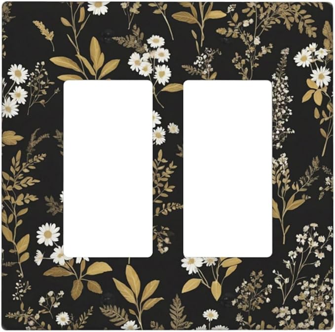 Outlet Covers Black/Gold Boho Botanical Floral Rustic Flowers 2 Gang Light Switch Cover Double Rocker Wall Plate Decorative GFCI Receptacle Electrical Switchplate for Bathroom Kitchen（2 Pack）