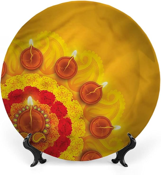 Ceramic Plates, Diwali Decorative Ceramic Plates, Flowers Diwali Festive, 7 Inch, Household Plates Decorative, Multicolor