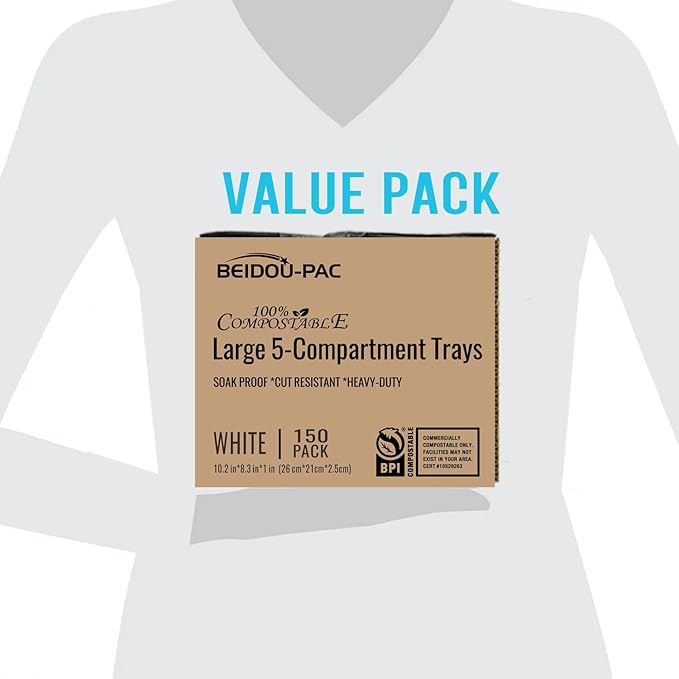 5 Compartment Compostable Heavy Duty Disposable Paper Plates, 150 Count | 10.2" X 8.3" | Natural Bagasse, White Biodegradable Eco-Friendly School Lunch, Buffet, Party Sugarcane Tray