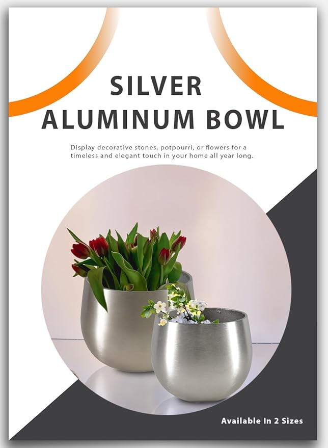 Serene Spaces Living Silver Aluminum Bowl, Decorative Bowl for Flowers, Potpourri, Catchall for Entryway, Dining Table Centerpiece, Home Décor, 6.5" Diameter & 5" Tall, Pack of 1