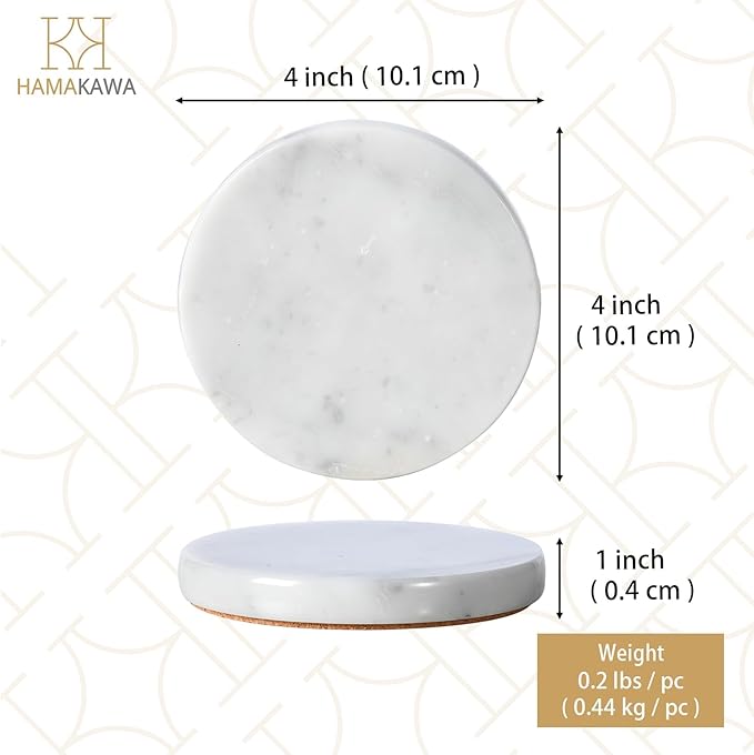 Real Natural Marble Coasters Set of 4, Carrara White Coaster 4 inch, Modern Round Stone, Trendy Drink Coasters for Coffee Table, Kitchen Decor, Office