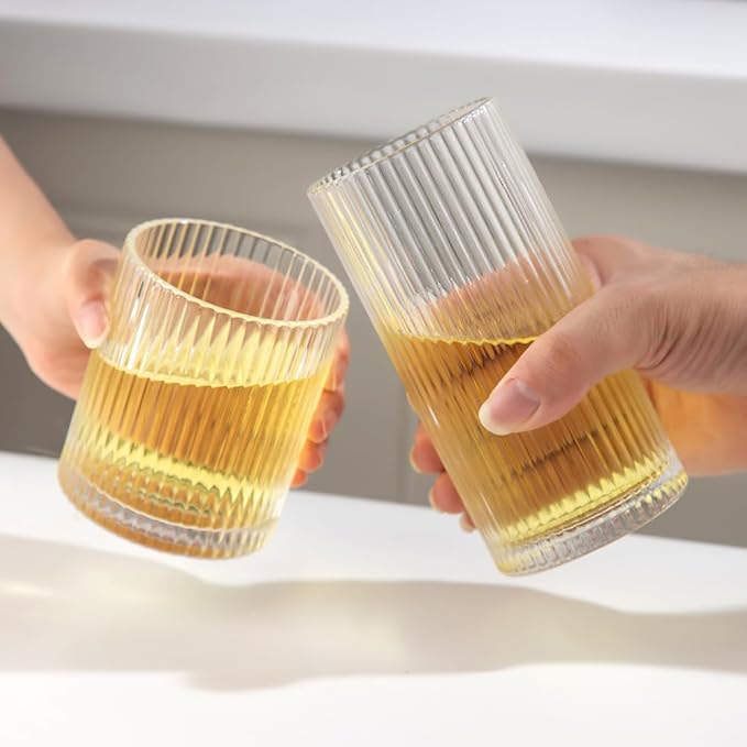 Ribbed Drinking Glasses 6pcs, 12oz and 10oz Glassware, Tumbler Glasses Cup Set for Wedding, Party, Christmas Gift, Clear