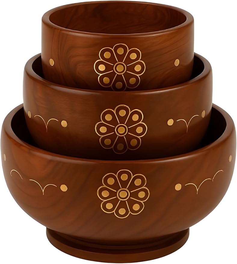 AMERZONE Handcrafted Sheesham Wood Bowl Set | Decorative Brass Inlay | 6, 5, 4 Inch Nested Serving Bowls for Salad, Snacks, Dry Fruits & Ice Cream | Stackable Kitchen Serveware (Set of 3)