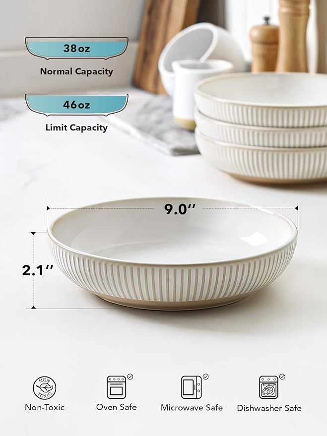 LE TAUCI Pasta Bowls 46oz, Large Salad Bowl, Ceramic Embossment Stoneware Serving Plate Bowl for Fruits, Noodle, Dinner, House-warming Wedding Present - 9 Inch, Set of 4, Arctic White