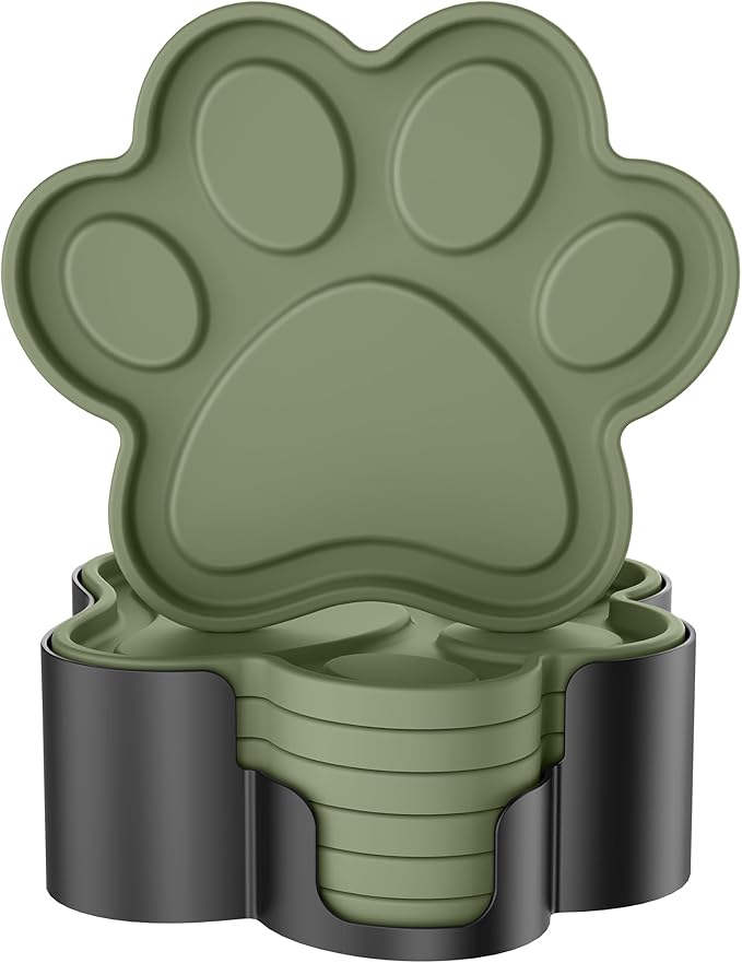 ME.FAN Silicone Coasters 6 Pack Paw Cup Mat with Holder, Dog Cat Paw Shape, for Hot or Cold Drink, Non-Slip, Non-Stick, Room Decor, Housewarming Olive Green